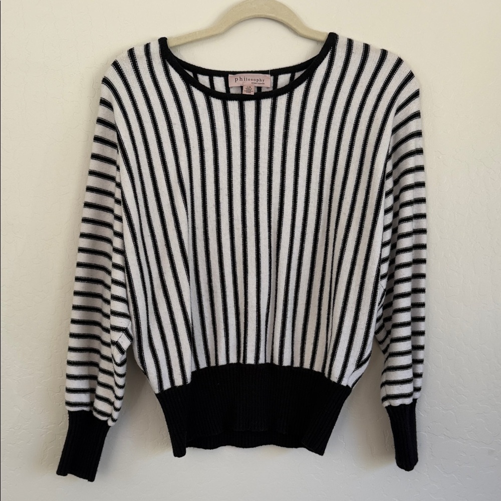 Philosophy Black and White Striped Crew Neck Sweater